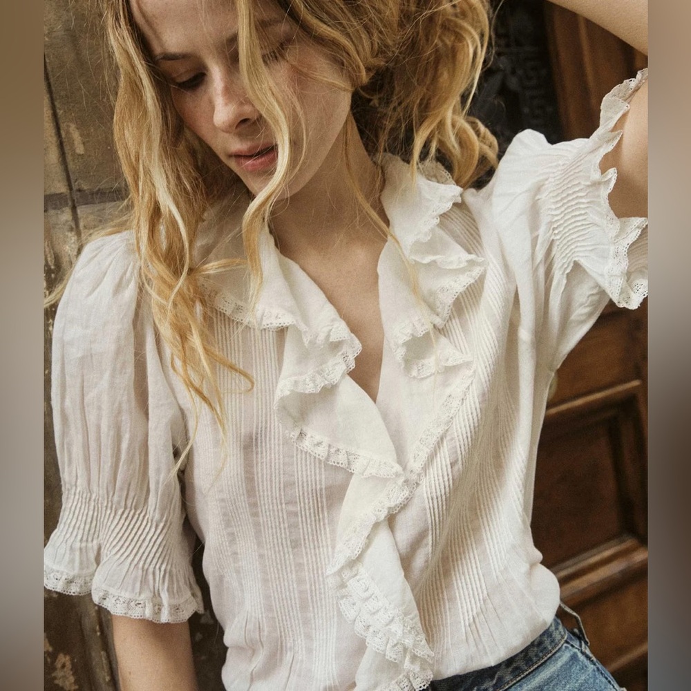 Dôen Henri Top Pintuck Ruffle Blouse Cotton In Salt Size L